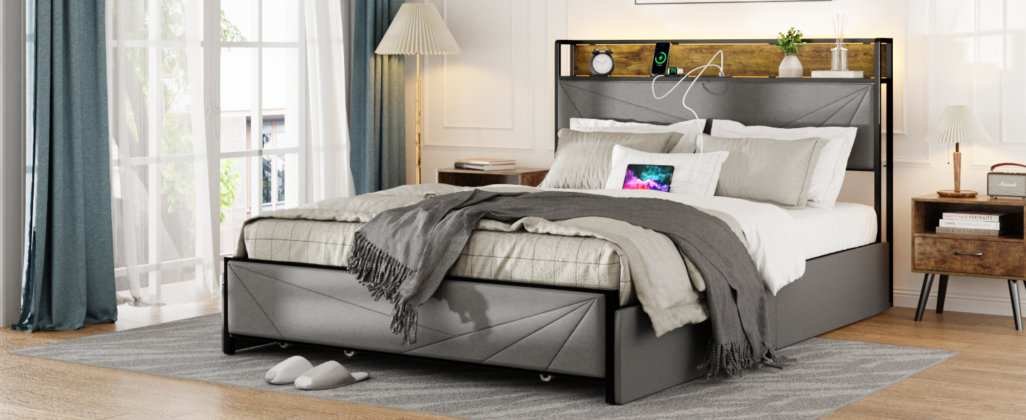 Queen Size Bed Frame With 4 Storage Drawers And 2 Usb Ports, Upholstered Platform Bed Frame With Storage Headboard Charging Station And Metal Slat Support, No Box Spring Needed, Dark Grey. Box Spring Not Required Queen Dark Grey Metal Bedroom Bed Frame