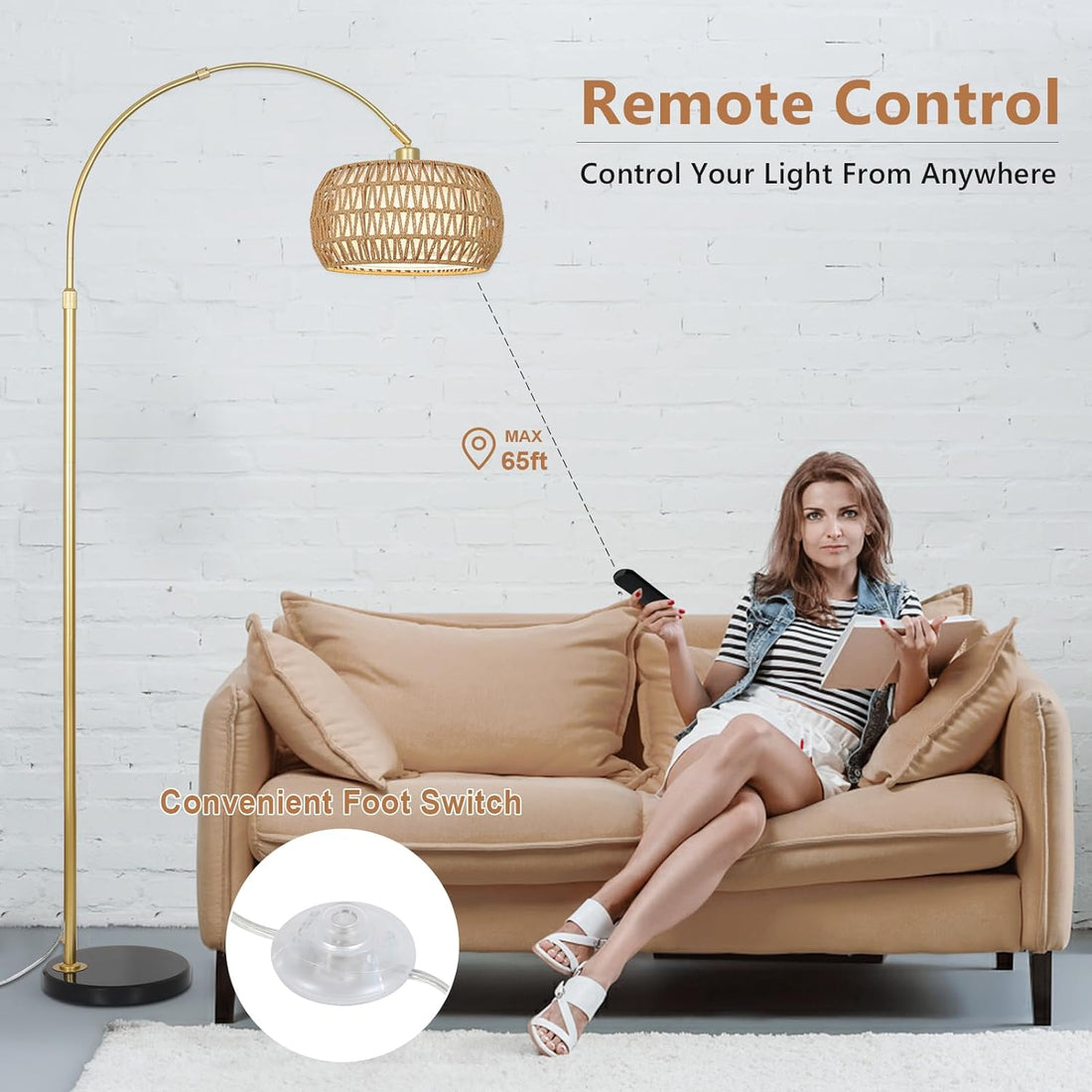 Gold Floor Lamps For Living Room, Arc Floor Lamp With Remote & Dimmable Bulb, Boho Rattan Standing Lamp With 3 Color Temperatures, Height Adjustable Tall Lamp For Bedroom, Over Couch Reading Lamp Brown Black Rattan Metal