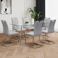 Modern Simple Rectangular Glass Dining Table, Solid Tempered Glass Tabletop, Electroplated Table Legs, Gray Pu Dining Chair Set, Suitable For Restaurant Kitchen Use Set Of 7 Upholstered Chair Glass Gray Pu Seats 6 Metal Rectangular Dining Table With