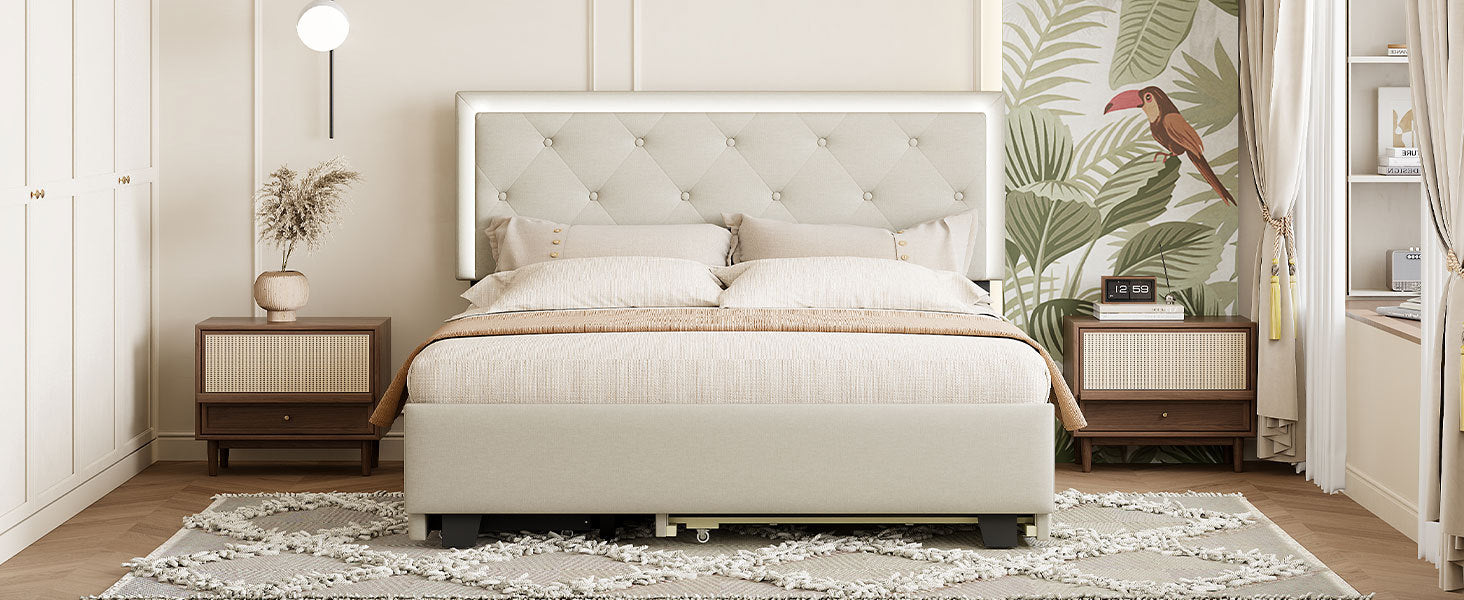 Queen Size Velvet Storage Platform Bed, With 2 Big Drawers, Twin Xl Size Trundle And Led Light, Beige Beige Velvet