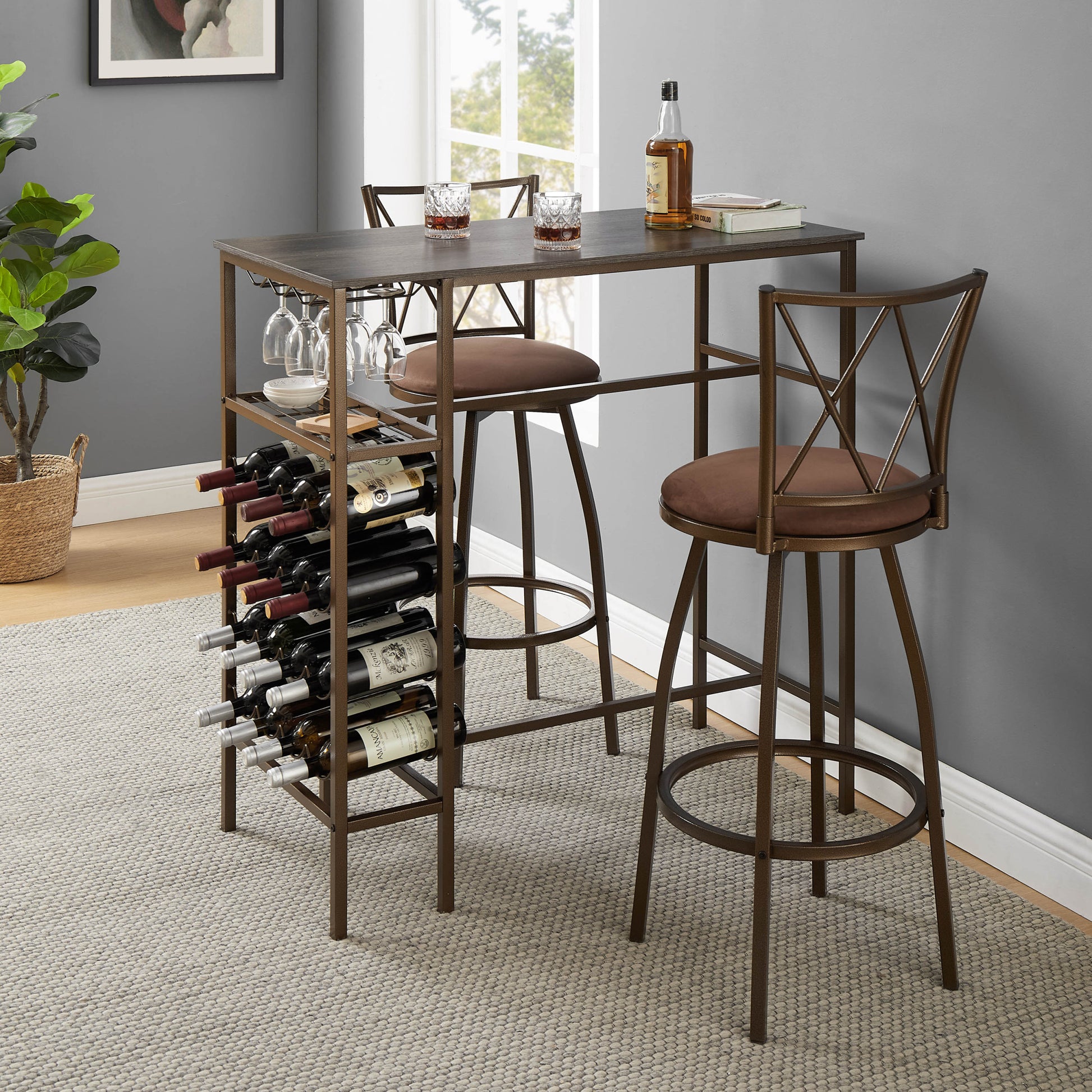 3 Piece Bar Steels Kitchen Dining Room Table Set Retro Brown Bar Chair For Dining Room Antique Brown Seats 2 Brown Dining Room American Design,American Traditional,Antique Rectangular Metal & Wood Dining Table With Chair Metal & Wood