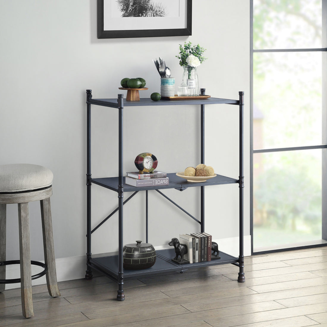 Sandy Black And Dark Bronze Hand Brushed 3 Tier Console Table Black Grey Primary Living Space Industrial,Rustic Shelves Rectangular Metal