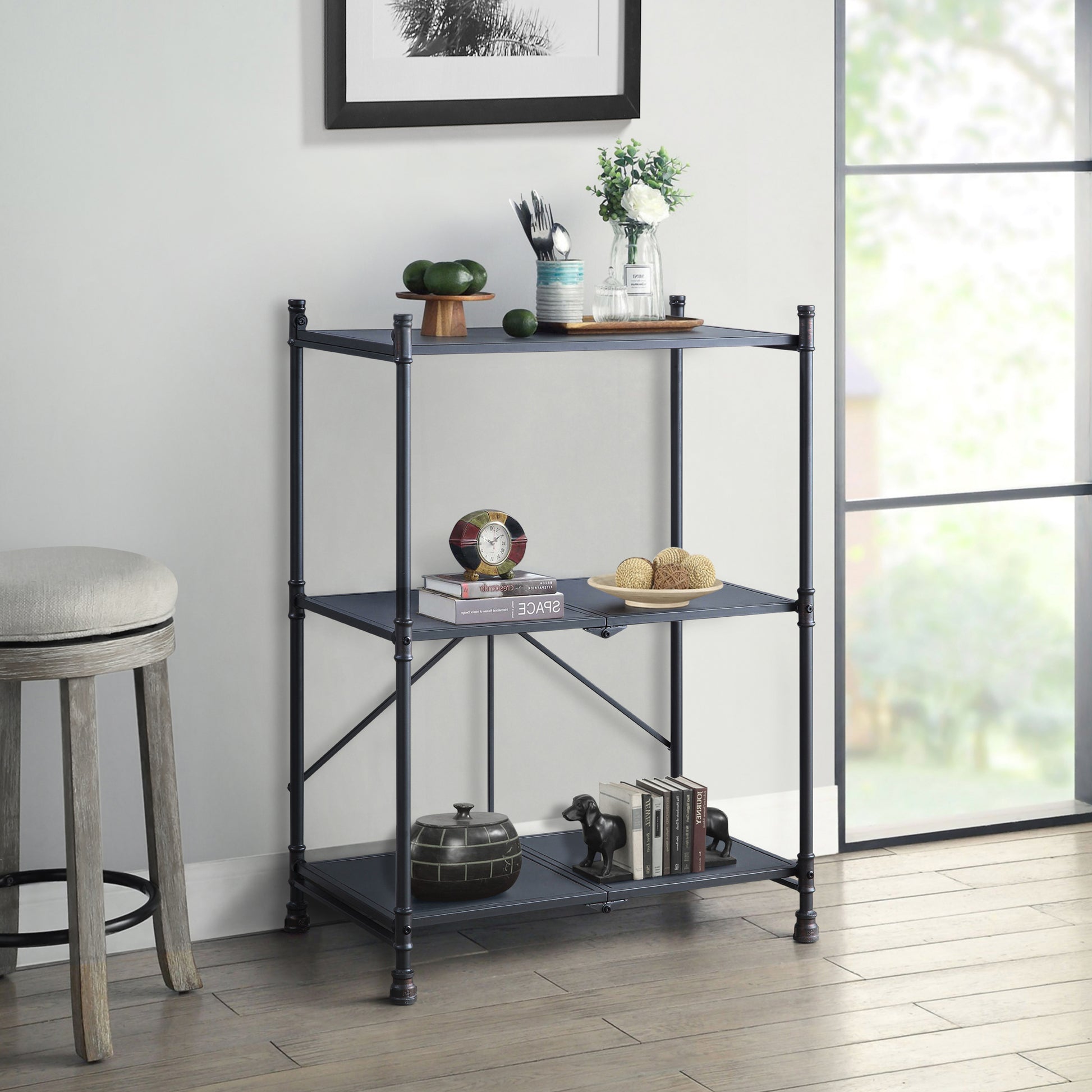 Sandy Black And Dark Bronze Hand Brushed 3 Tier Console Table Black Grey Primary Living Space Industrial,Rustic Shelves Rectangular Metal