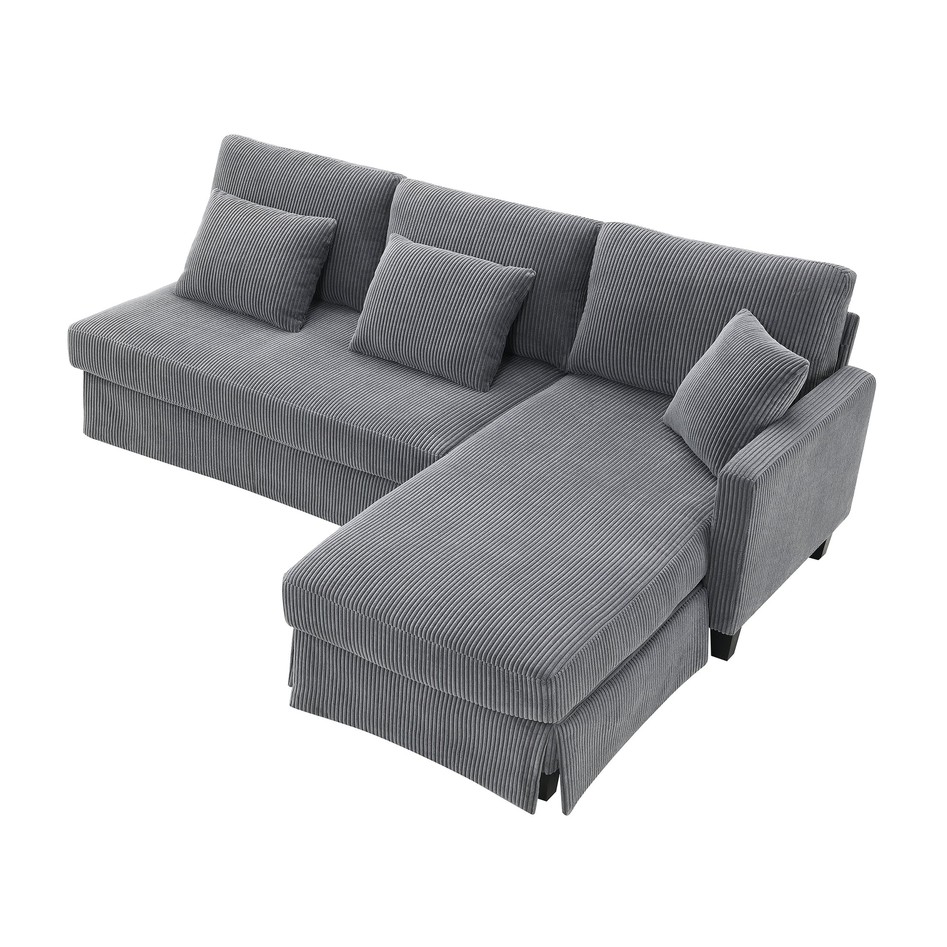 87*61"Modern L Shaped Corduroy Sofa With Reversible Chaise,4 Seat Upholstered Sectional Indoor Furniture,Convertible Sleeper Couch With Pillows For Living Room,Apartment,3 Colors Gray Corduroy 4 Seat