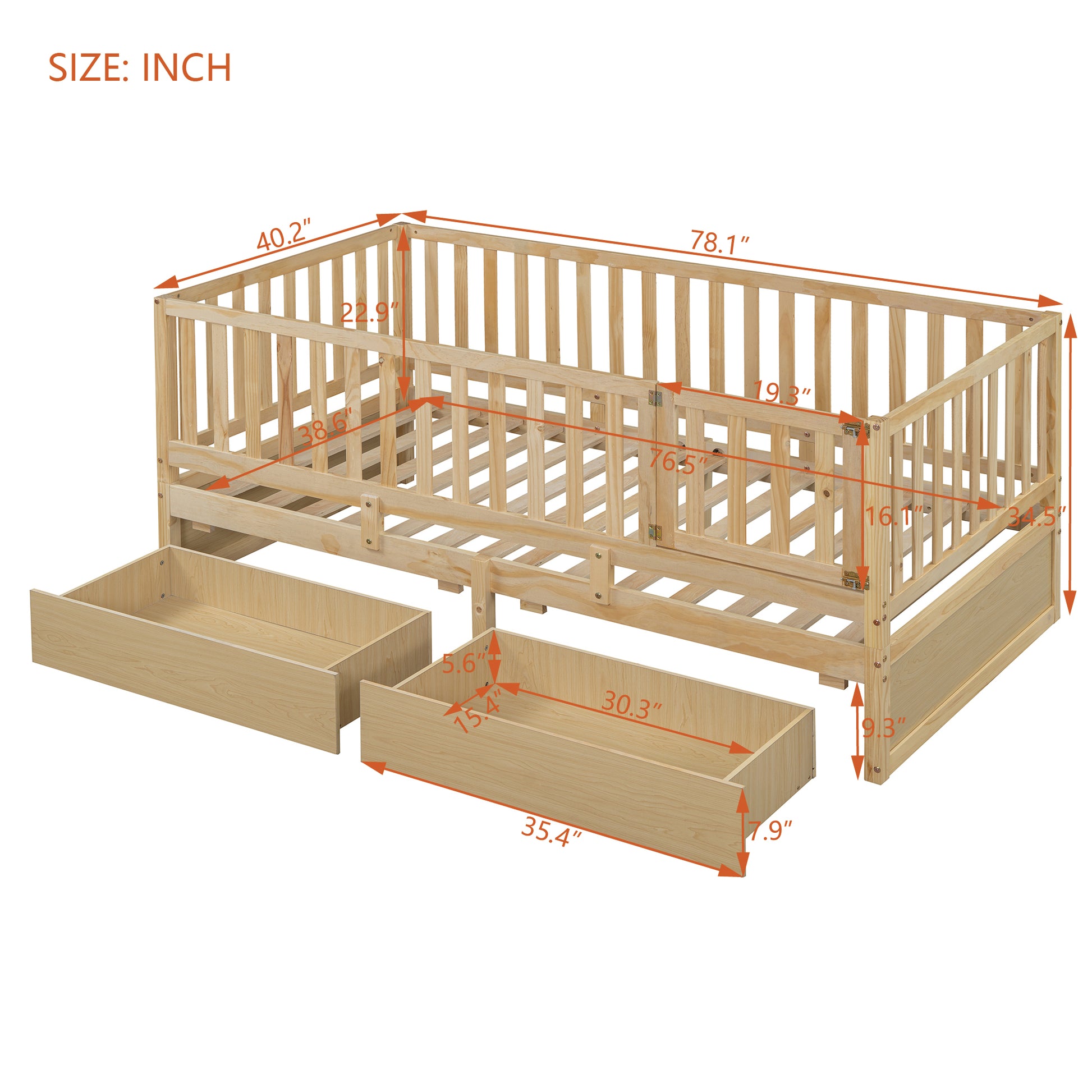 Twin Size Wood Daybed With Fence Guardrails And 2 Drawers, Split Into Independent Floor Bed & Daybed, Natural Old Sku :Lp000881Aan Twin Natural Solid Wood Mdf