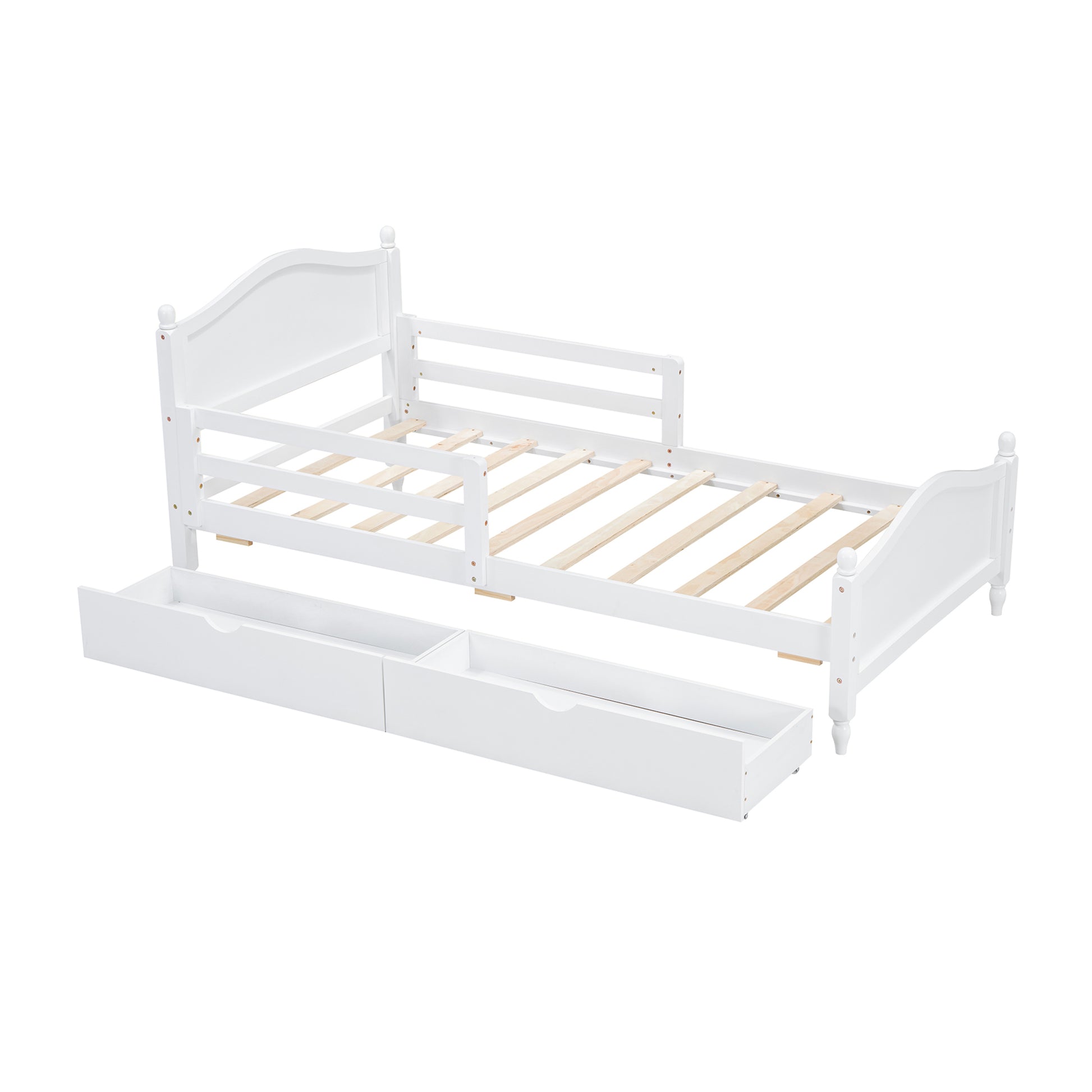 Twin Size Wood Platform Bed With Guardrails On Both Sides And Two Storage Drawers ,White Twin White Wood