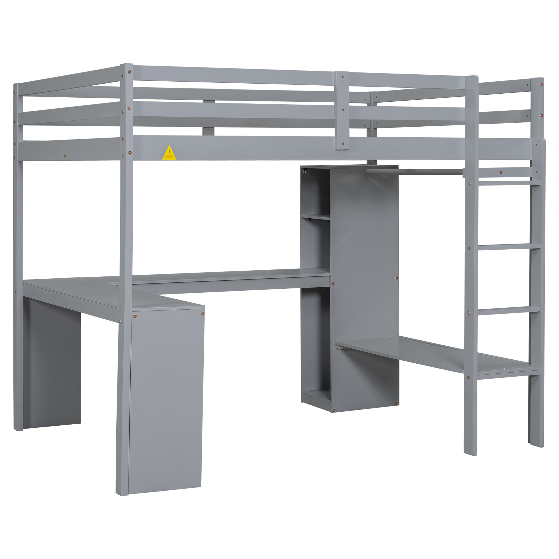 Full Size Loft Bed With L Shaped Desk, Wardrobe And Storage Shelves, Grey Box Spring Not Required Full Grey Wood Bedroom Solid Wood Mdf