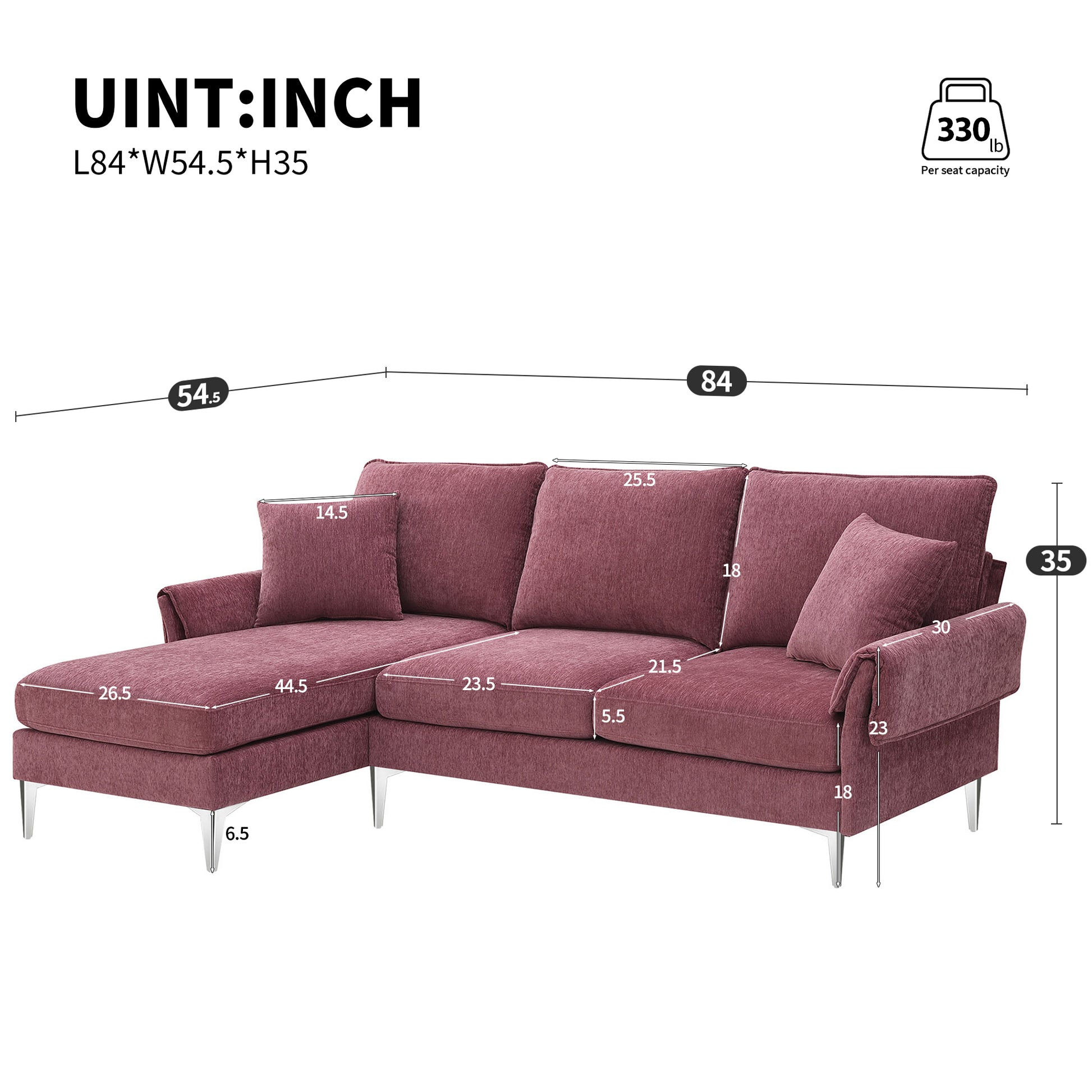 84 "Modern Chenille L Shaped Sofa With Reversible Lounge,Convertible Sectional Couch Set,4 Seat Indoor Furniture With Reversible Chaise,Fit For Living Room, Apartment 2 Pillows Pink Chenille 4 Seat