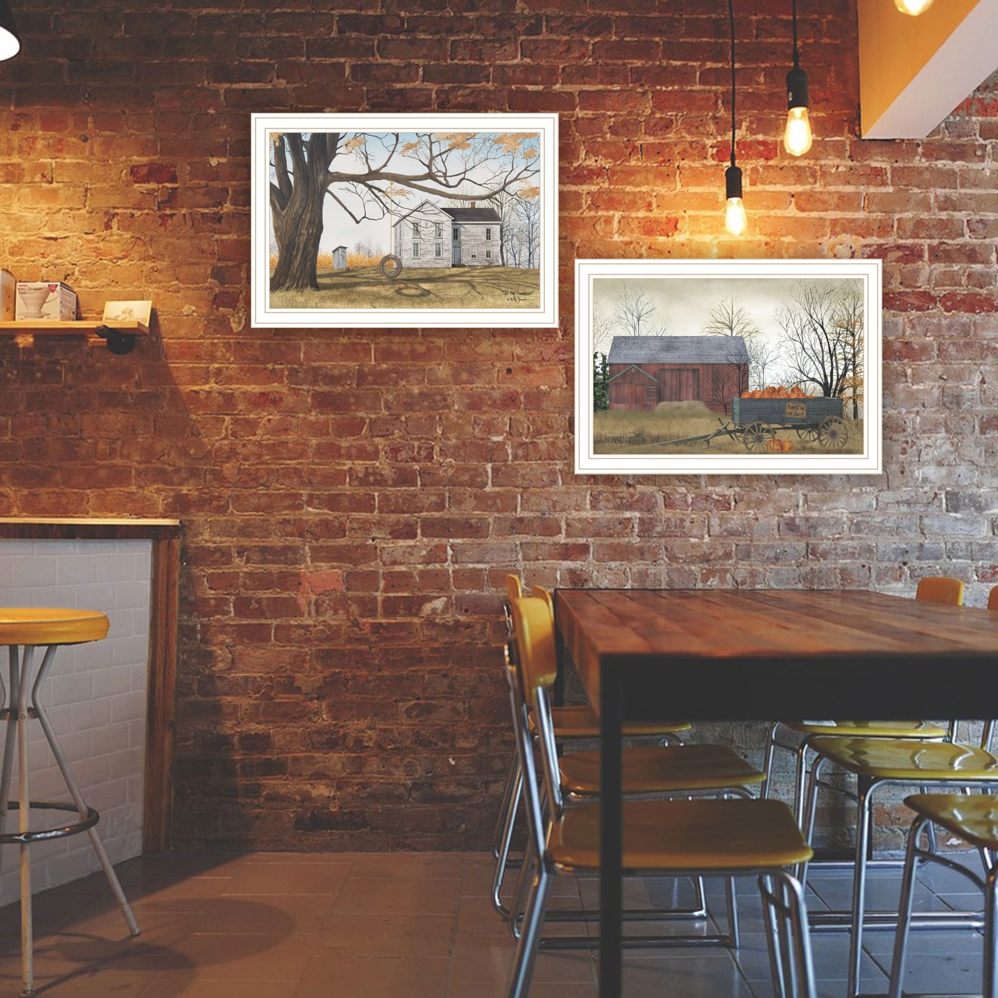 2 Piece Vignette Farmhouse, Barn & Pumpkin Wagon White Framed Wall Art For Living Room, Bedroom Wall Art Print For Home Decor By Billy Jacobs Multicolor Wood Paper