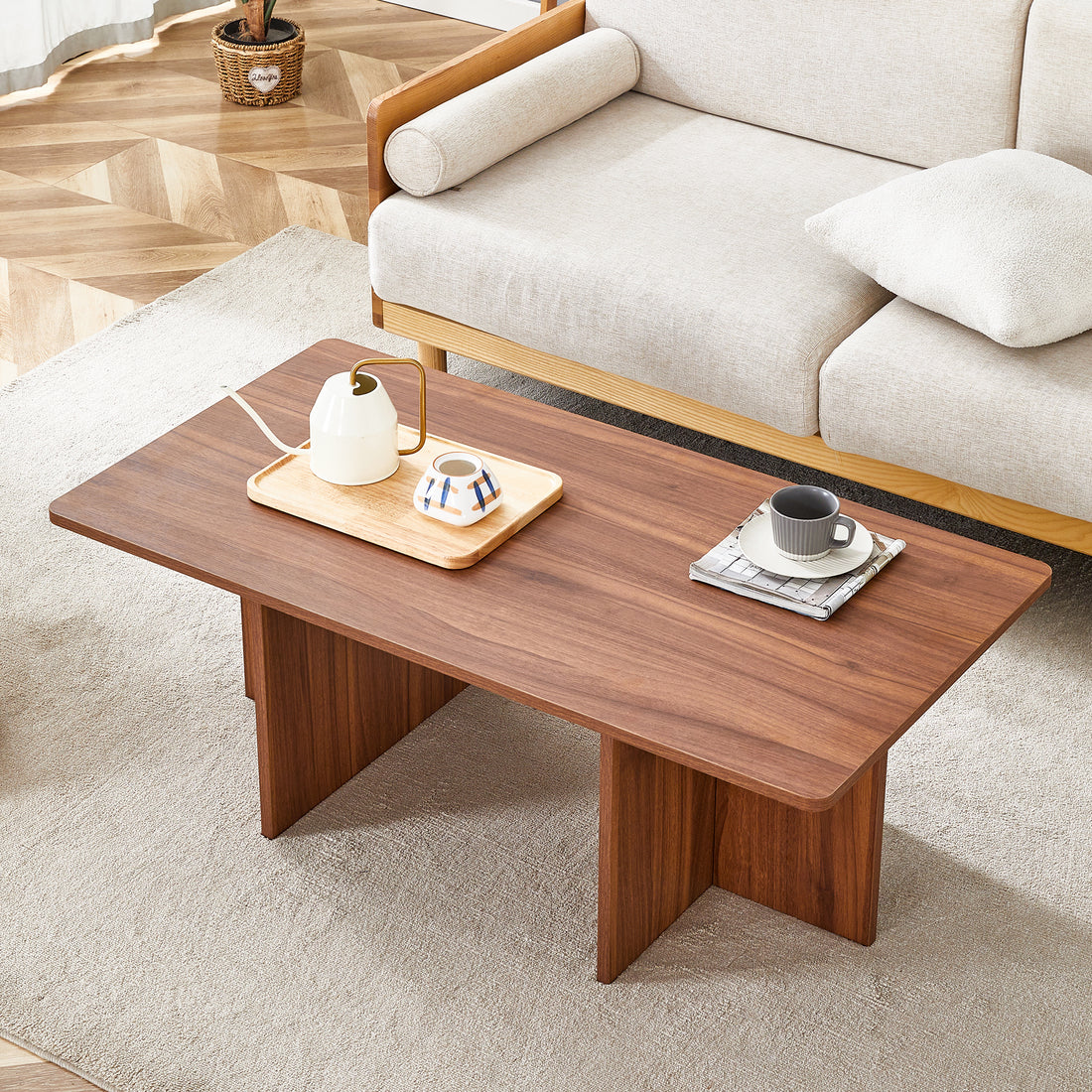 44.8 Inch Walnut Wood Grain Mdf Coffee Table Modern Luxury, Stable Triangular Support.The Coffee Table Is Made Of Medium Density Fiberboard Material And Is Suitable For Living Rooms, Bedrooms,Etc.