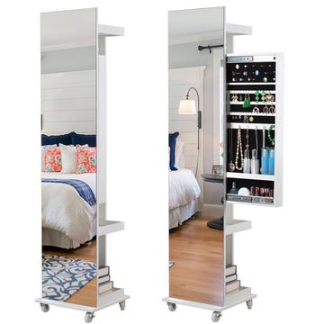 Full Length Mirror 360 Swivel Jewelry Cabinet White Mdf