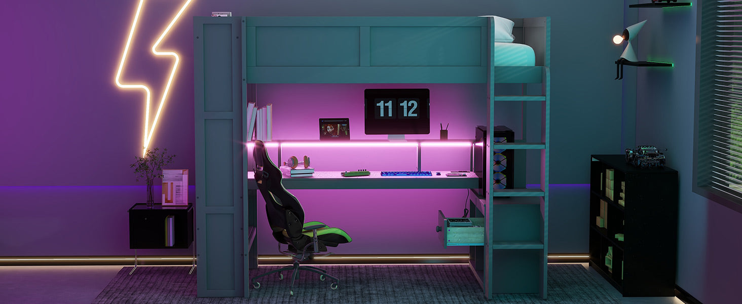 Wood Twin Size Gaming Loft Bed With Desk, Multi Storage Shelves, Led And Charging Station, Dark Gray Box Spring Not Required Twin Dark Gray Wood Bedroom Bed Frame Solid Wood Mdf