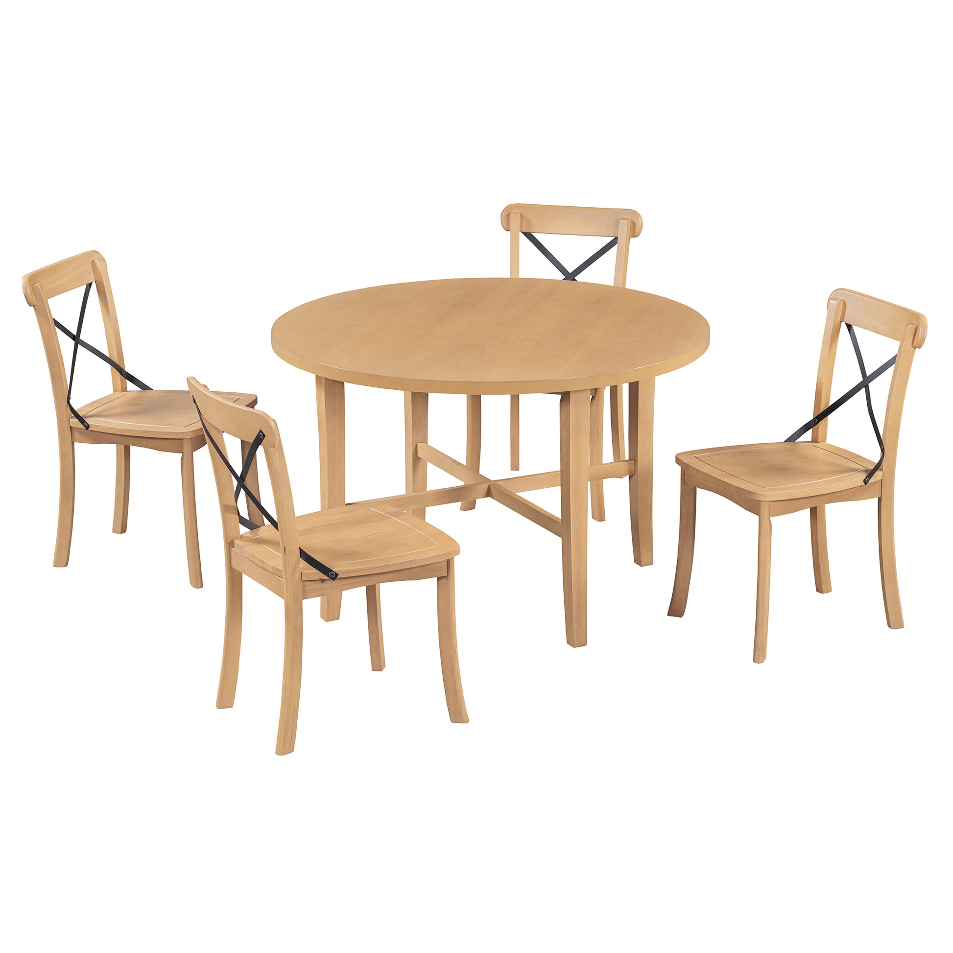 5 Piece Dining Set, Retro Simple Round Table And 4 Chairs With X Shaped Backrest For Kitchen, Dining Room And Living Room Natural Natural Rubber Wood