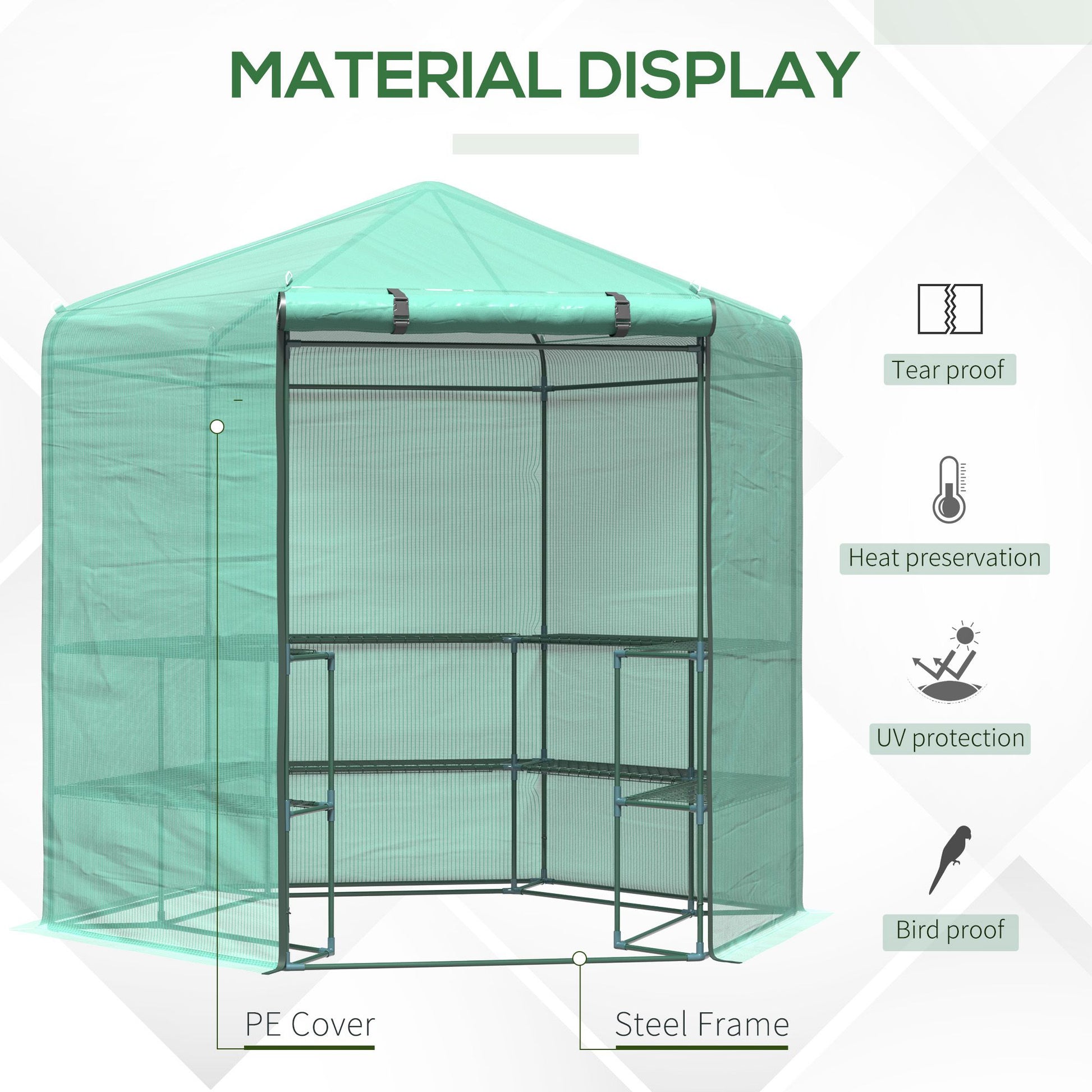 Outsunny Walk In Greenhouse Outdoor 3 Tier 10 Shelf Warm House Garden Hexagonal Hot House With Roll Up Zipper Door & Steel Frame Green Pvc