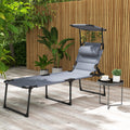 Outsunny Outdoor Lounge Chair, Adjustable Backrest Folding Chaise Lounge, Cushioned Tanning Chair W Sunshade Roof & Pillow Headrest For Beach, Camping, Hiking, Gray Grey Steel