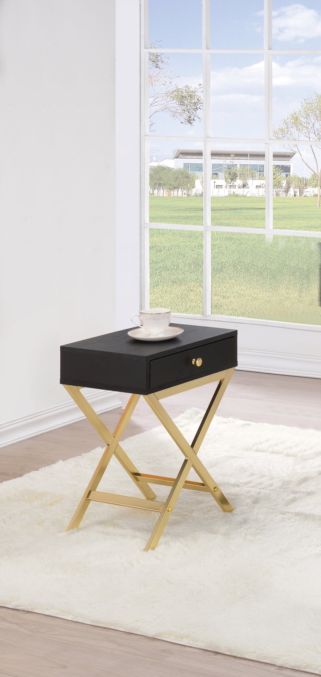 Coleen Black & Brass Finish Accent Table Black Metal,Pvc