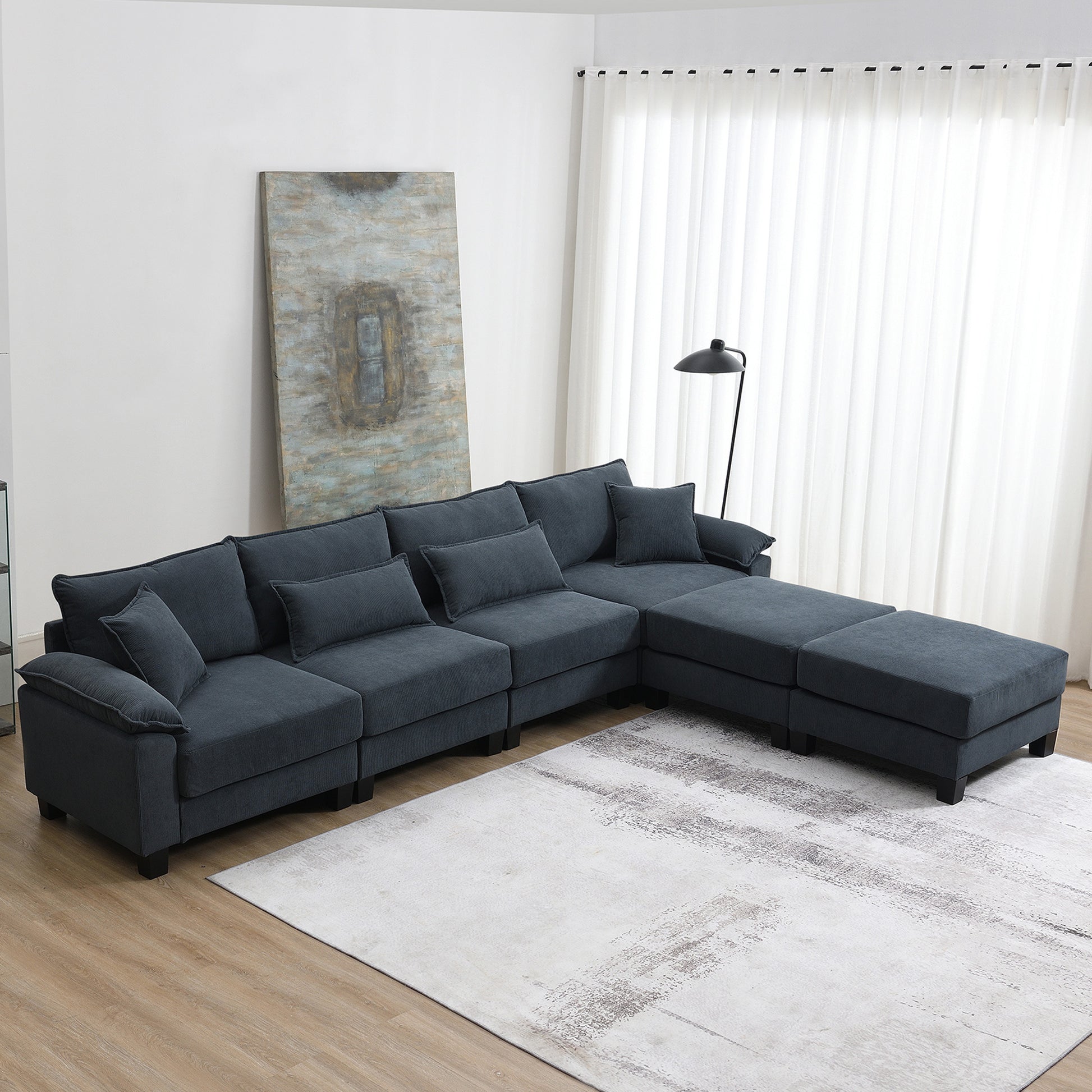 Wide Seat Corduroy Modular Sectional Sofa Bed,Sleeper Couch Set With Armrest Pillow,6 Seat Free Combination Sofa With Ottomans,Oversized Indoor Furniture For Living Room, 2 Colors Gray Corduroy 6 Seat