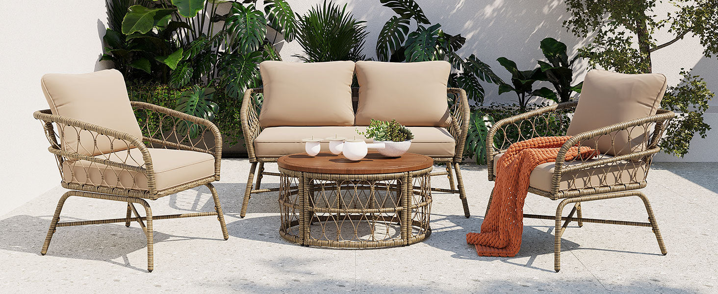 Bohemia Inspired 4 Person Outdoor Seating Group With Removable Cushions, Conversation Patio Set With Wood Tabletop, Beige Yes Beige Garden & Outdoor Complete Patio Sets Foam Wicker