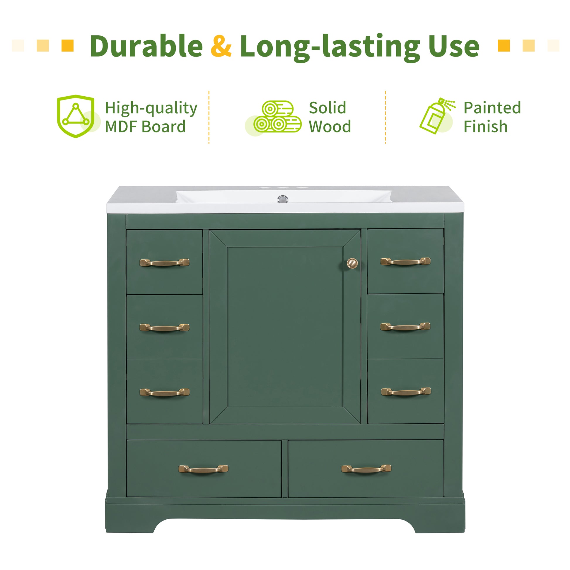 36" Bathroom Vanity With Sink Combo, Six Drawers, Multi Functional Drawer Divider, Adjustable Shelf, Green Green Solid Wood Mdf