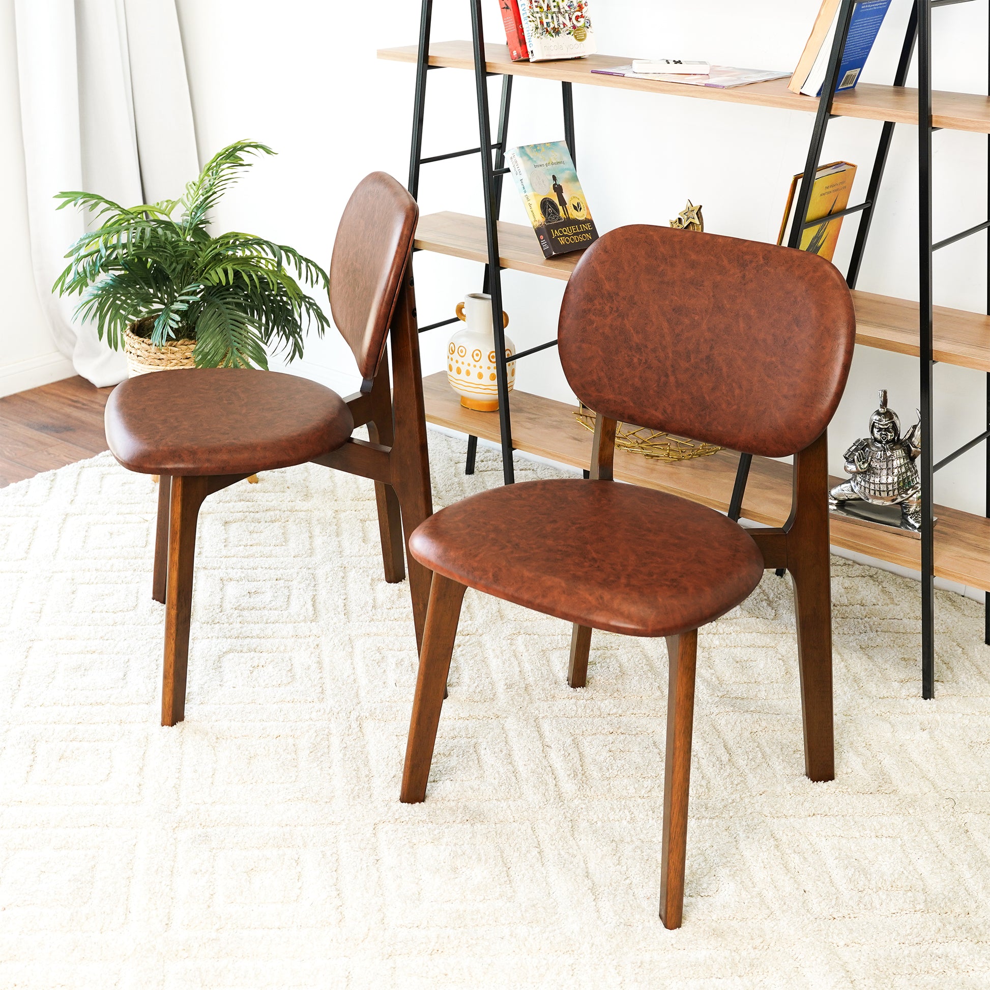 Kelsey Brown Leather Dining Chair Set Of 2 Solid Brown,Natural Brown Dining Room Wipe Clean Mid Century Modern Dining Chairs Rubberwood Faux Leather,Solid Wood