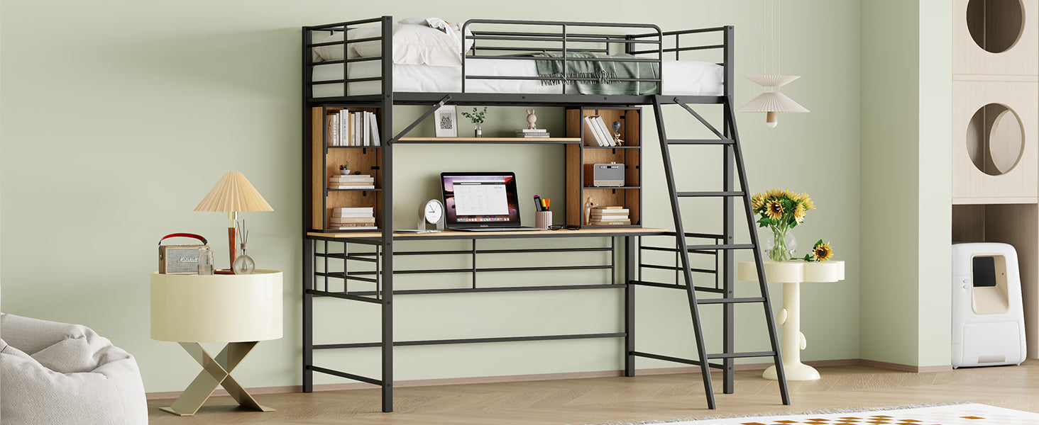 Twin Size Loft Bed With Desk And Shelfloft Bed With Ladder,Twin,Black Twin Black Metal