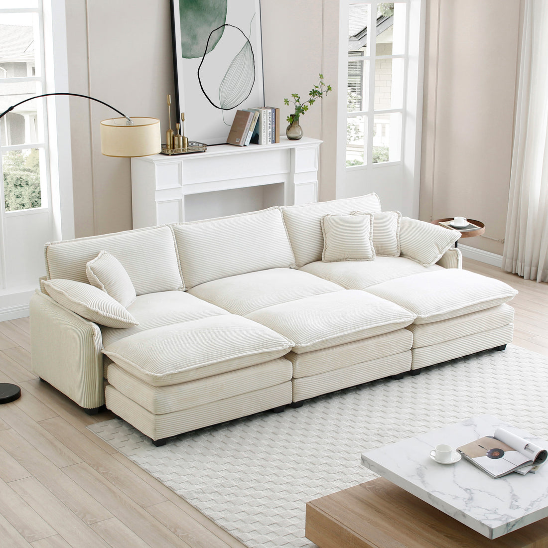 Oversized Modular Cushioned Sofa,With 3 Ottomans To Work As Sleeper Sofa Beds, 3 Seater Sofa With 3 Footstools, Beige Corduroy Fabric Beige Corduroy 3 Seat