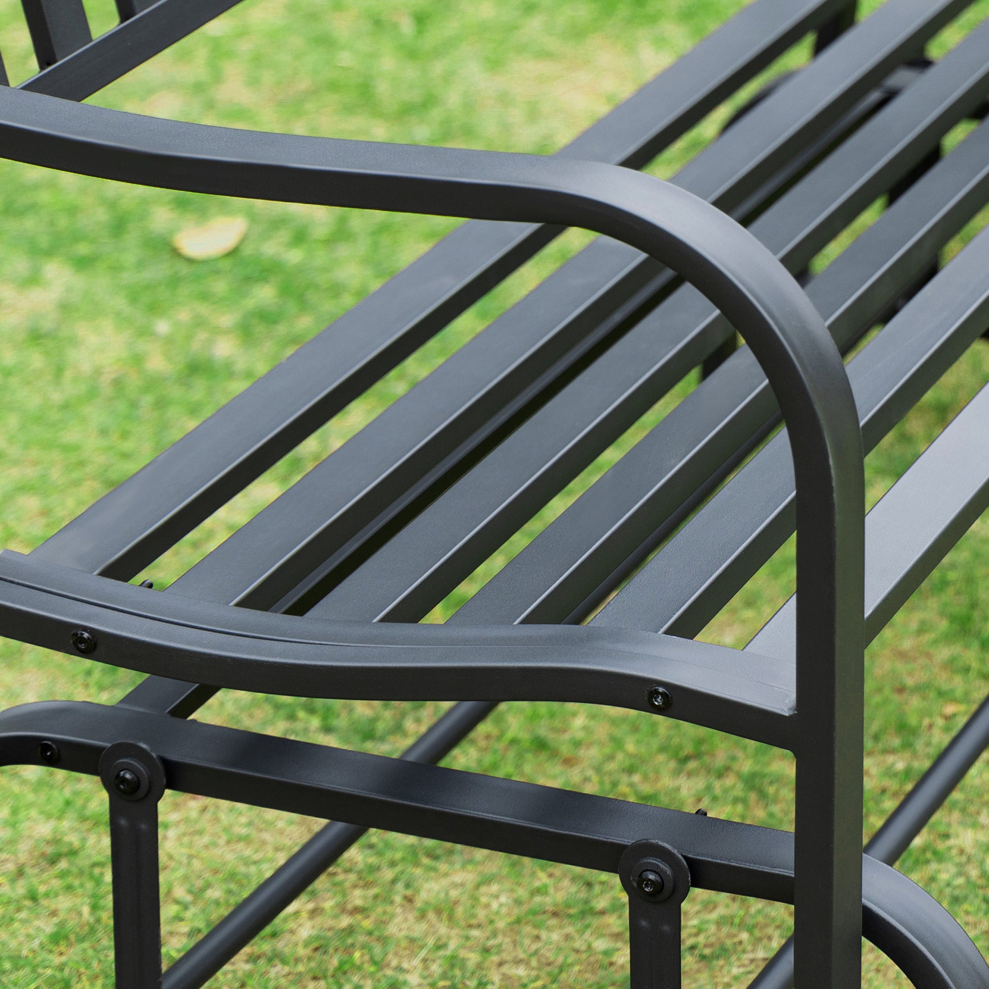 Outsunny Outdoor Glider Bench, Glider Bench For Outside Patio With Armrests, Slatted Seat & Backrest, Loveseat With Power Coated Steel Frame, Black Black Steel