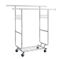 Double Clothing Garment Rack With Shelves Capacity 800Lbs Clothing Racks On Wheels Rolling Clothes Rack For Hanging Clothes Heavy Duty Portable Collapsible Commercial Garment Rack Silver Iron