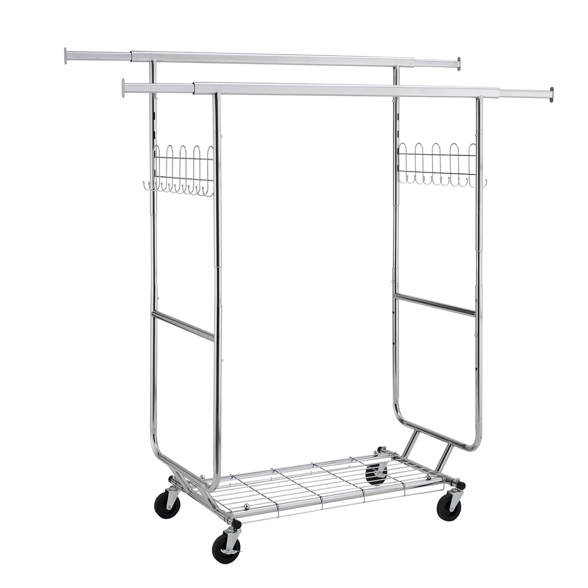 Double Clothing Garment Rack With Shelves Capacity 800Lbs Clothing Racks On Wheels Rolling Clothes Rack For Hanging Clothes Heavy Duty Portable Collapsible Commercial Garment Rack Silver Iron