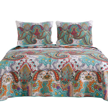 3 Piece King Size Cotton Quilt Set With Paisley Print, Teal Blue Blue Fabric