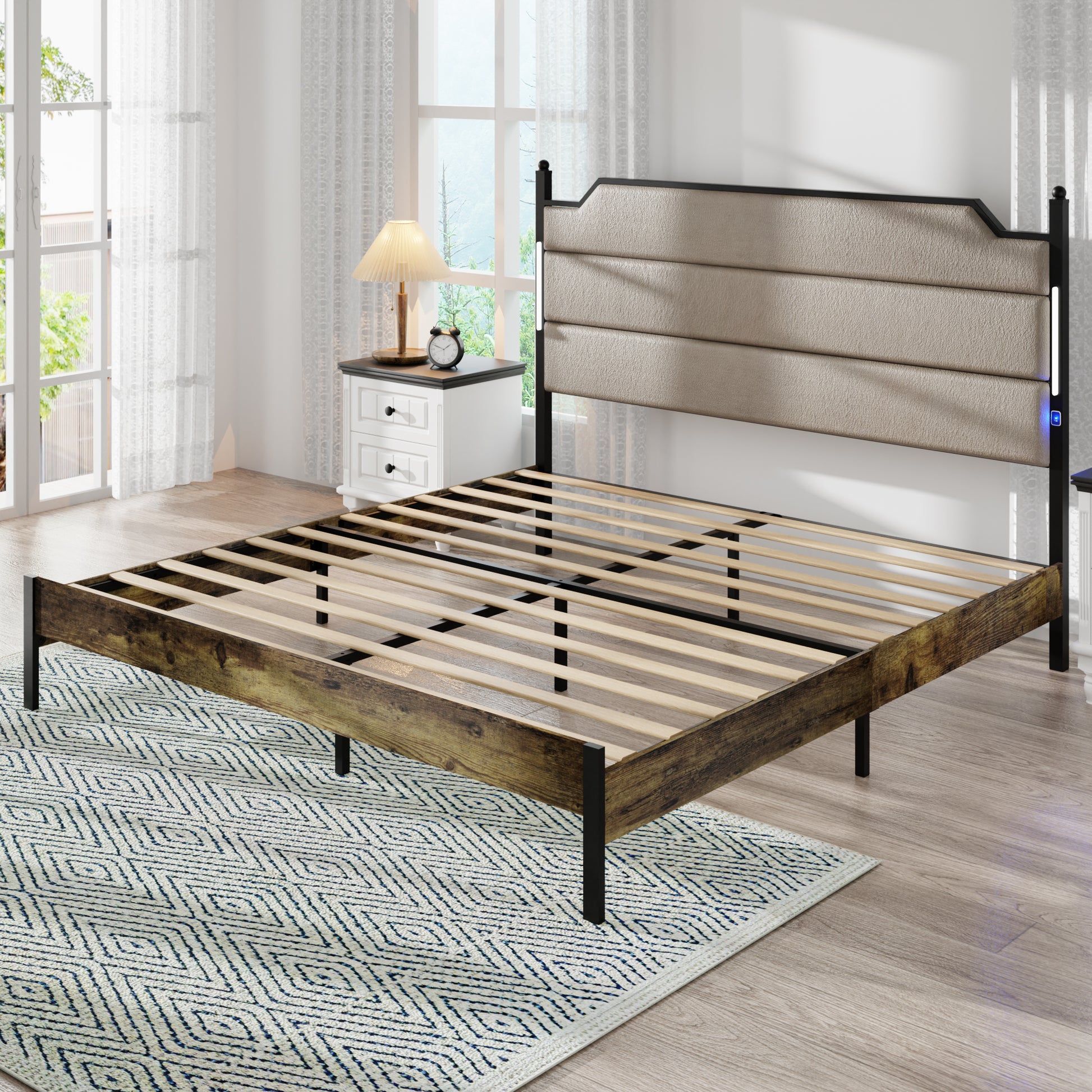 King Size Bed Frame With Upholstered Headboardqueen Bed Frame With Charging Station And Led Lights, Wood Slats, Easy Assembly,No Box Spring Needed,Industrial Brown Box Spring Not Required King Brown