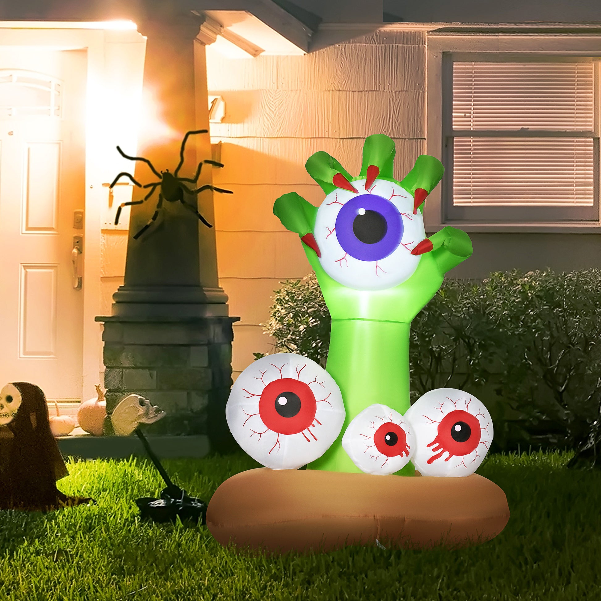 Homcom 4Ft Halloween Inflatables Outdoor Decorations Monster Hand Grasping Bloodshot Eyeballs, Blow Up Led Yard Decor For Garden, Lawn, Party, Holiday, Waterproof Green Polyester