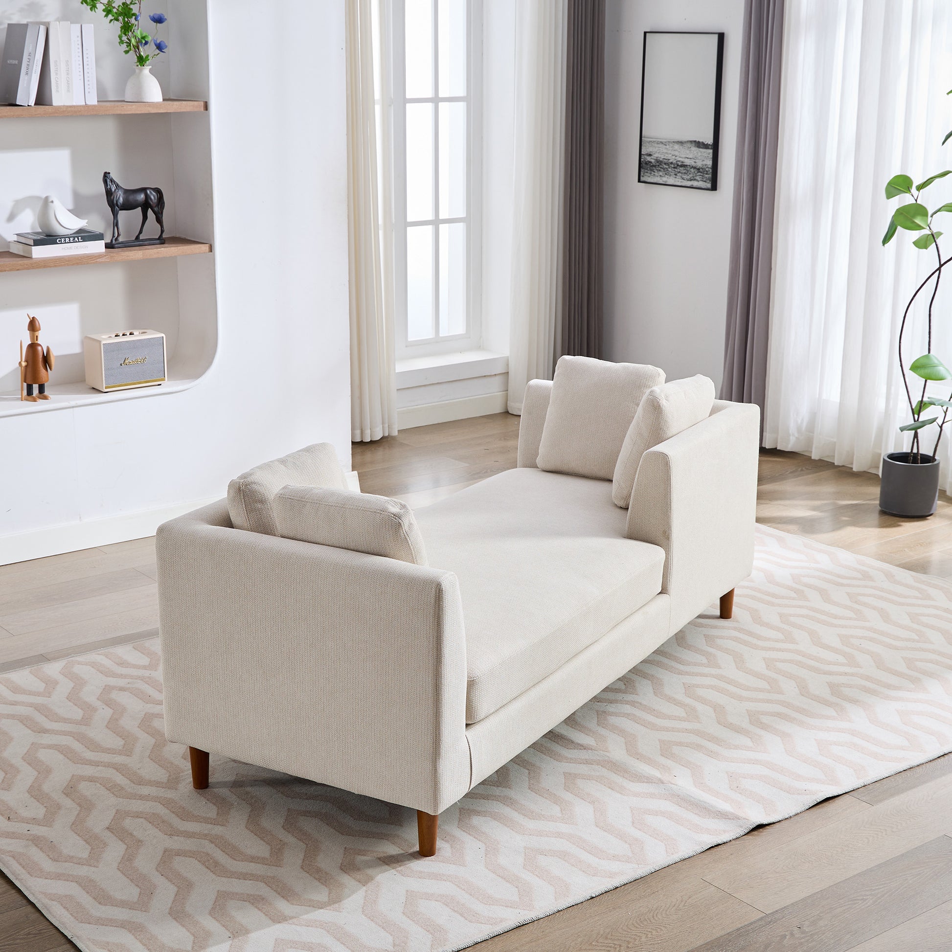 77.95'' Wide Modern Double Sided Upholstered Chaise Lounge Indoor,Chenille Fabric Sleeper Sofa Couch With 4 Throw Pillows, Daybed With Rubberwood Legs For Living Room, Bedroom, Apartment,Beige Beige