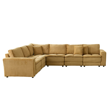 6 Seats,Oversized Sectional Sofa,L Shaped Corner Couch With Detachable Seat & Back Cushion, Corduroy Upholstery Convertible Sleeper Sofa&Couch For Living Room Yellow Fabric 6 Seat
