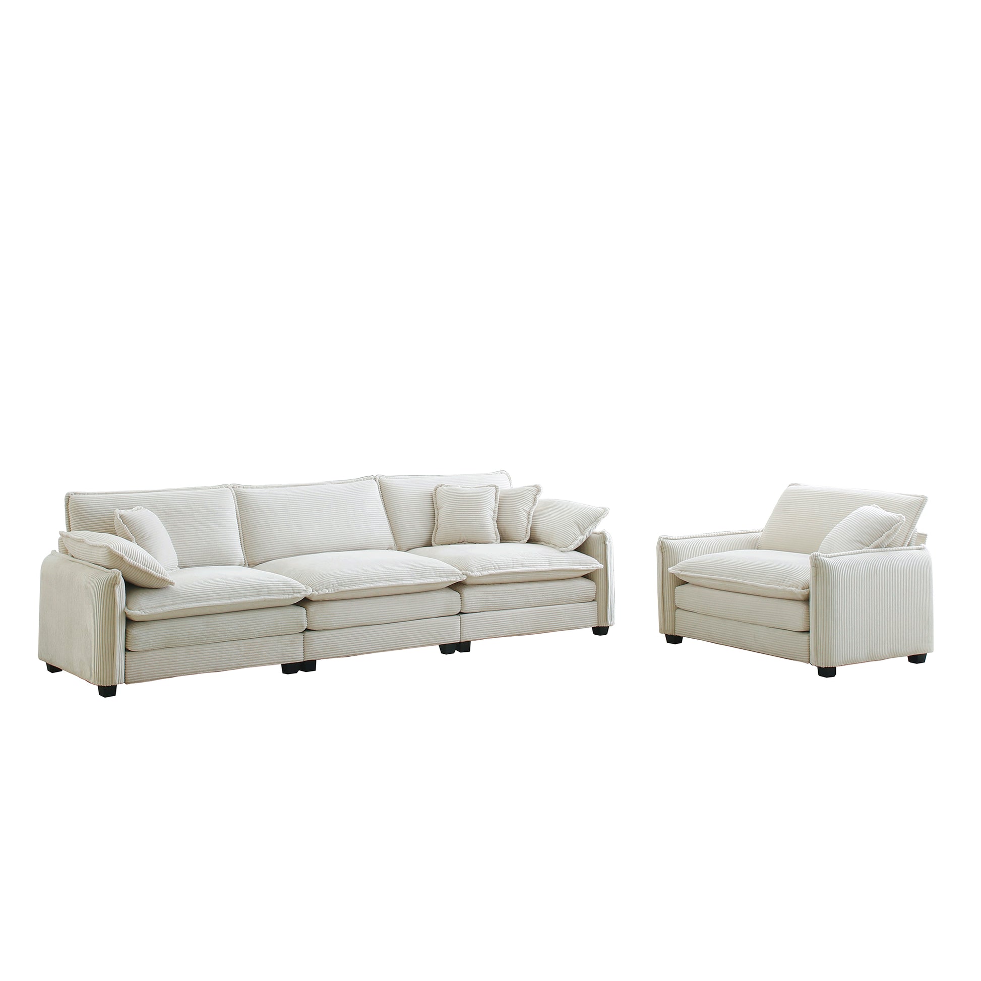 Mid Century Modern Sofa Set Of Two, One 3 Seater Sofa And One Single Seat Sofa With 2 Arm Pillows And 4 Throw Pillows,2 Pieces Sofa Set For Living Room, Beige Corduroy Fabric Beige Corduroy 4 Seat