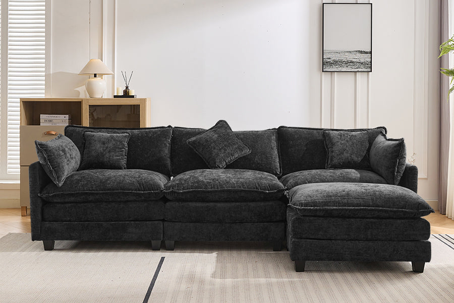 112.2" L Shape Chenille Upholstered Sofa For Living Room Modern Luxury Sofa Couch With Ottoman And 5 Pillows For Living Room Sg001160Aa , Black Black Foam 4 Seat