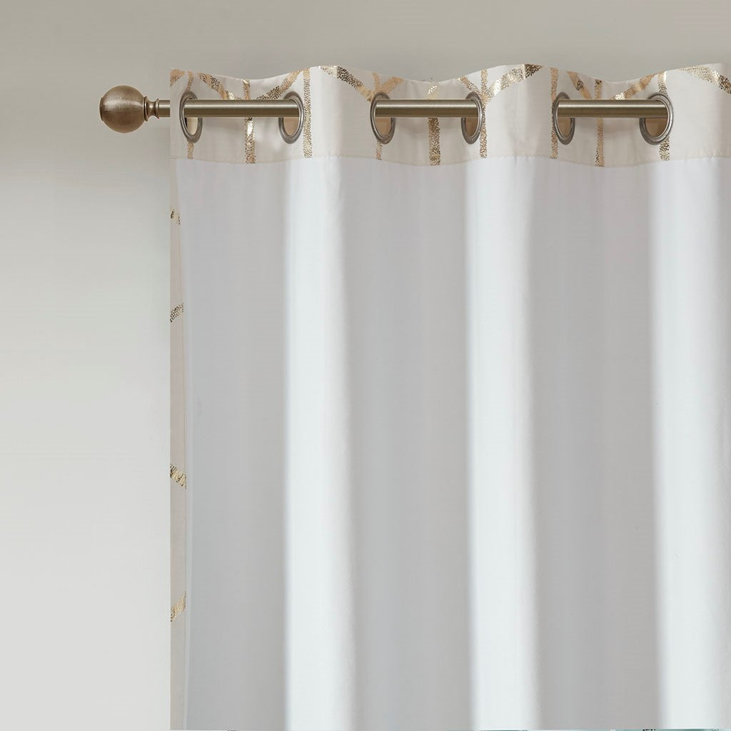 Total Blackout Metallic Print Grommet Top Curtain Panel Pair 2 Pcs Window Panels Ivory Gold Microfiber