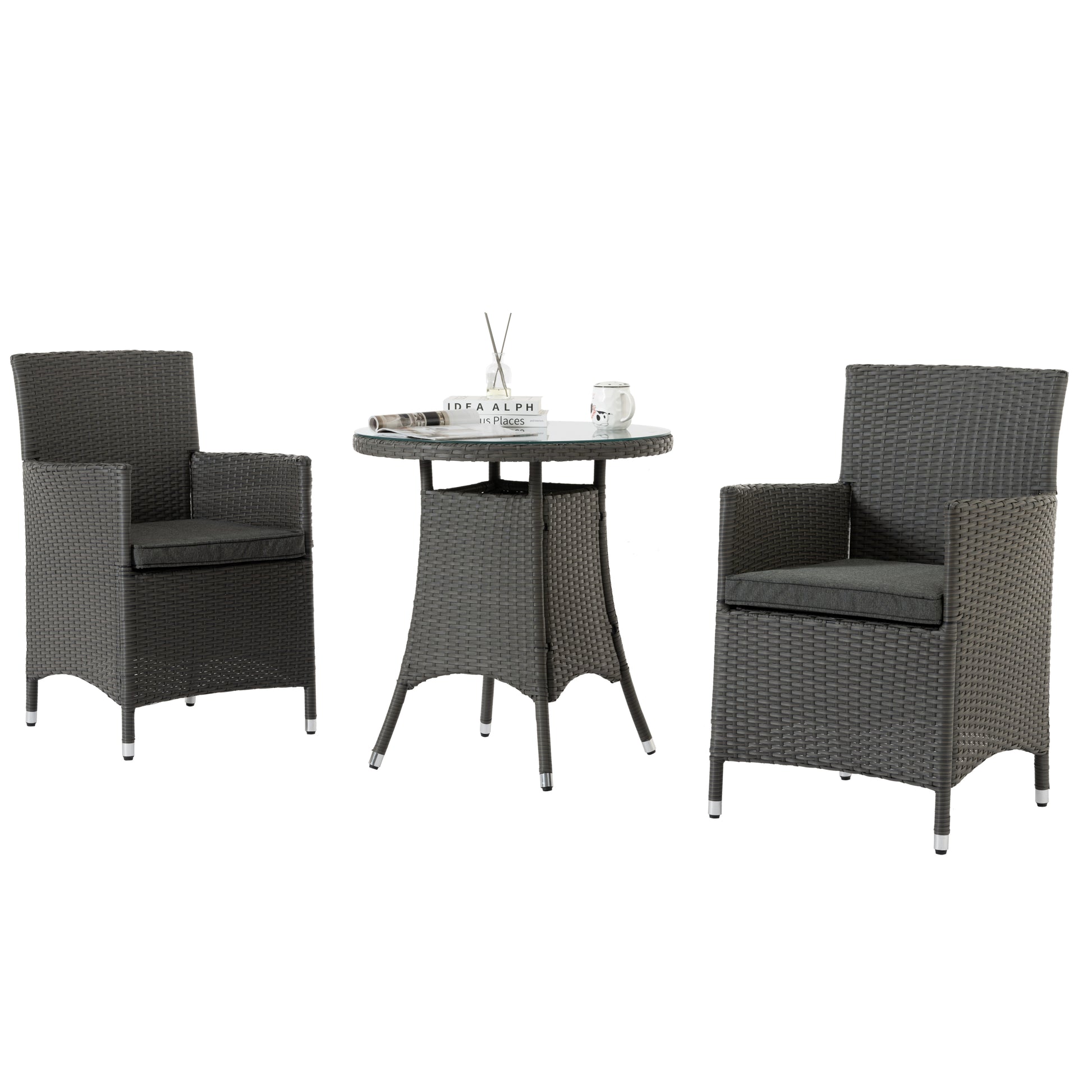 3 Piece Outdoor Dining Set All Weather Wicker Patio Dining Table And Chairs With Cushions, Round Tempered Glass Tabletop For Patio Backyard Porch Garden Poolside Grey Rattan