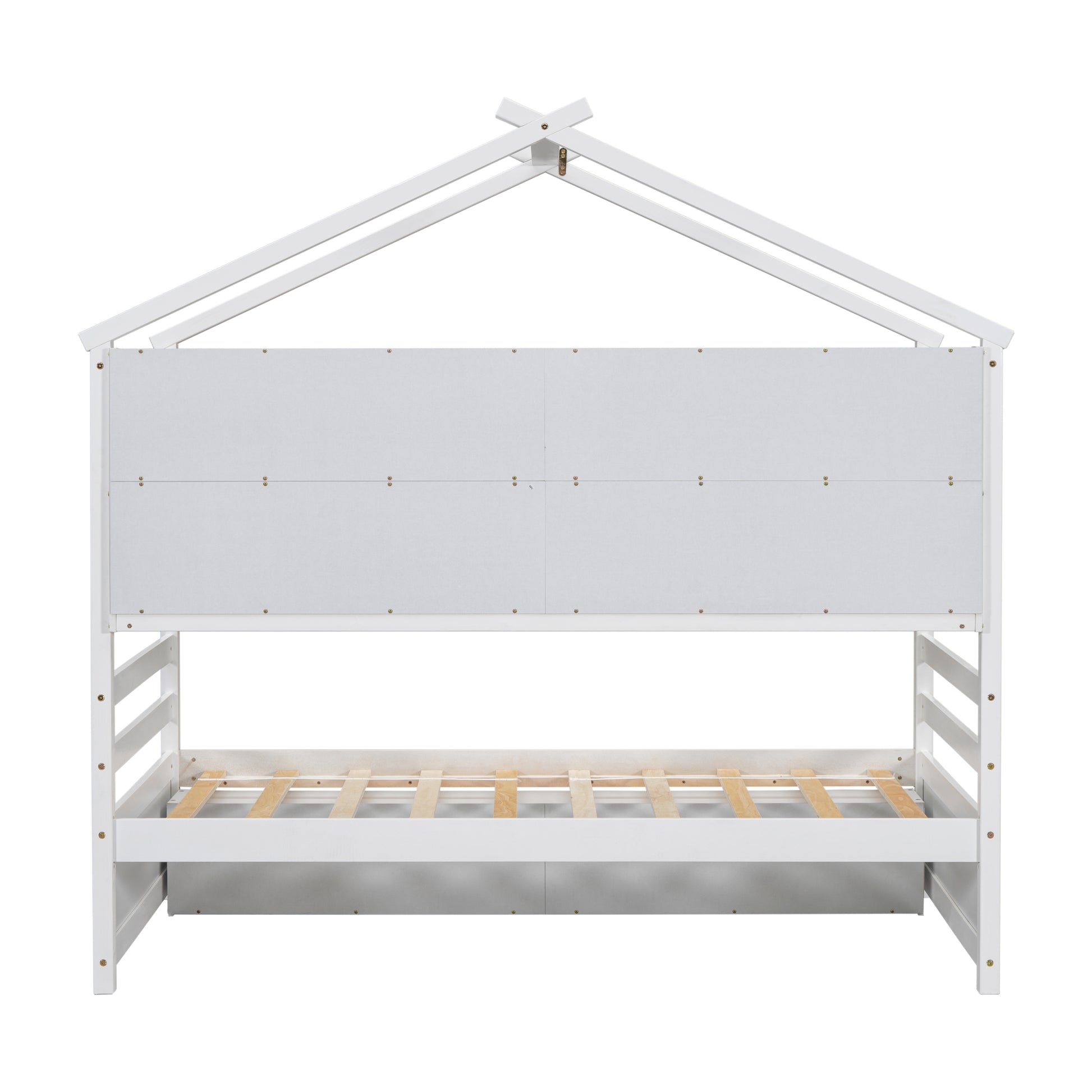 Twin House Bed With Roof Frame, Bedside Shelves, Under Bed Storage Unit,White Twin White American Design Pine