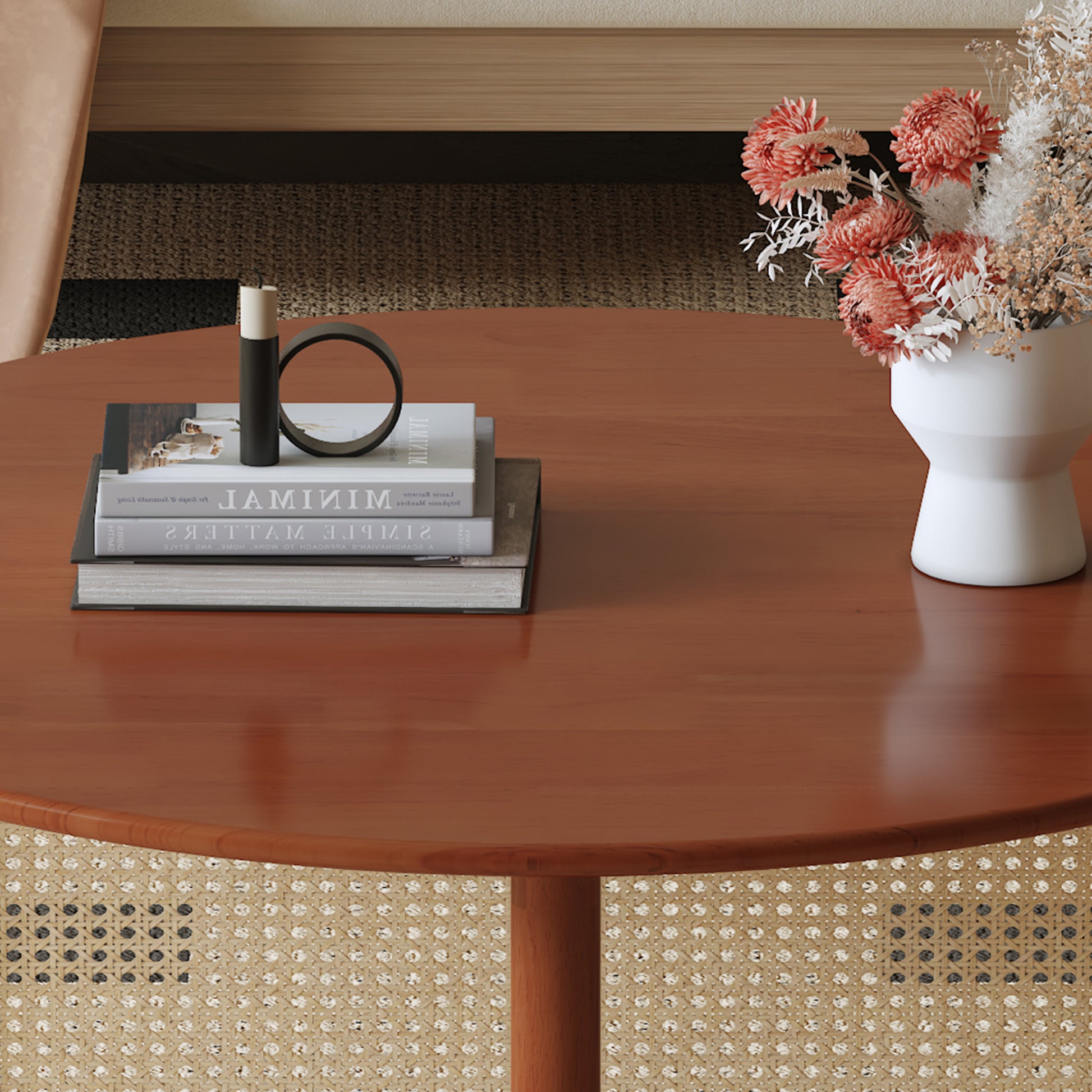 A Natural And Elegant Deep Red Wooden Coffee Table With Artificial Rattan Decorations, Perfect For A Fashionable Living Room And Comfortable Tea Drinking Time Red Wood