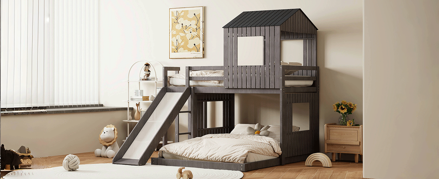 Wooden Twin Over Full Bunk Bed, Loft Bed With Playhouse, Farmhouse, Ladder, Slide And Guardrails, Antique Gray Old Sku :Lt000028Aae Twin Antique Gray Solid Wood