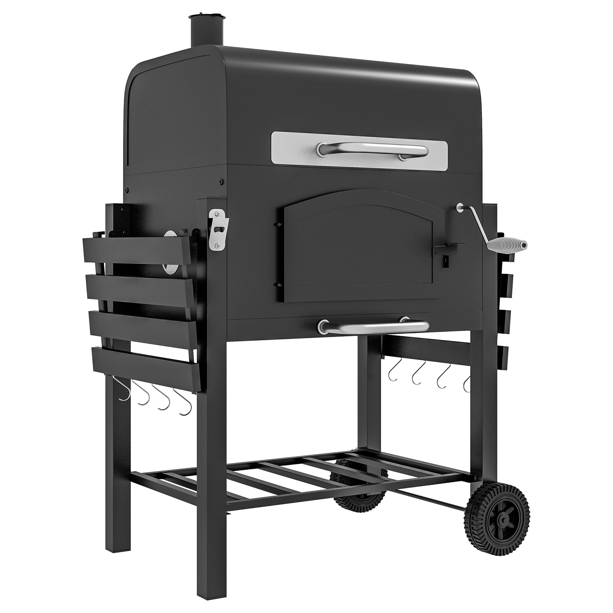 Outsunny Charcoal Grill, Bbq With Adjustable Height, Portable Barbecue With Folding Shelves, Thermometer, Bottle Opener & Wheels For Outdoor Camping, Picnic, Patio, Backyard, Black Black Steel