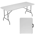 6Ft Folding Table Outdoor Indoor Heavy Duty Portable Table With Carrying Handle For Camping Picnic Party White Metal & Wood