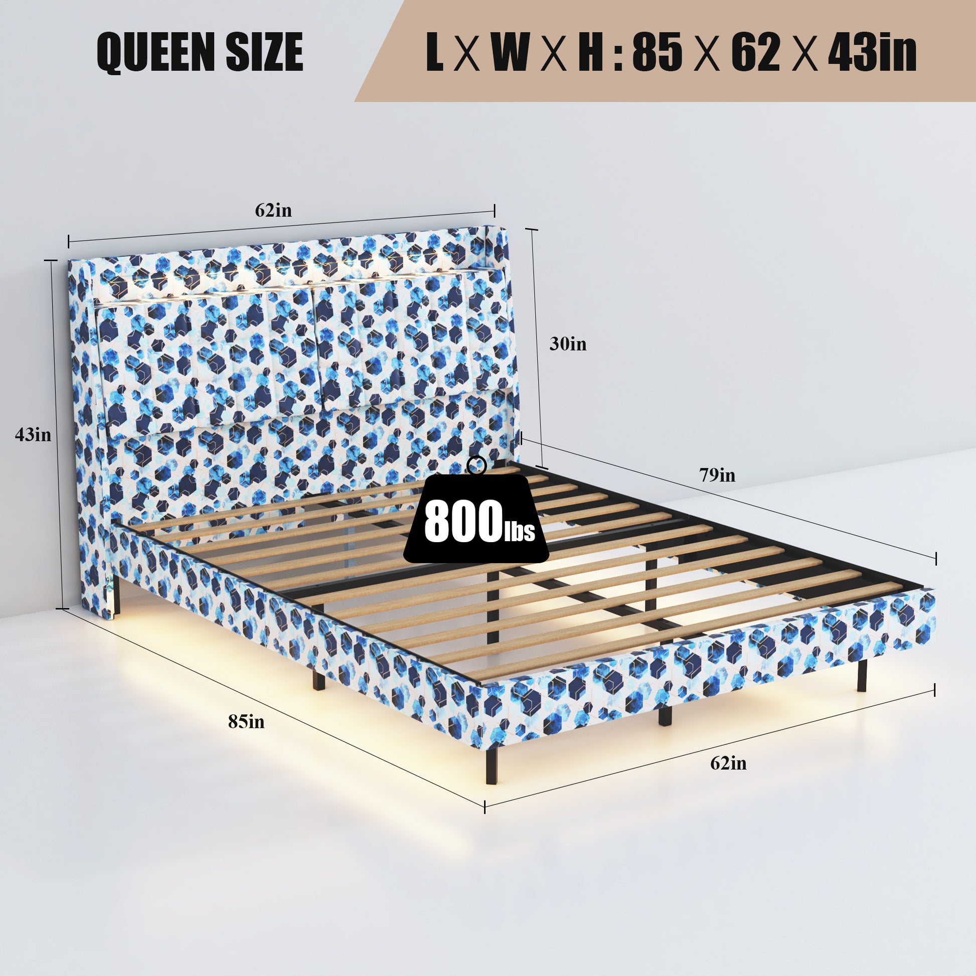 Queen Floating Bed Frame With Led Light And Charging Station Upholstered Platform Bed Frame Queen Size With Headboard And Hidden Storage Space, No Box Spring Needed, Blue Box Spring Not Required Queen Blue Geometry Metal Bedroom Bed Frame Velvet Velvet