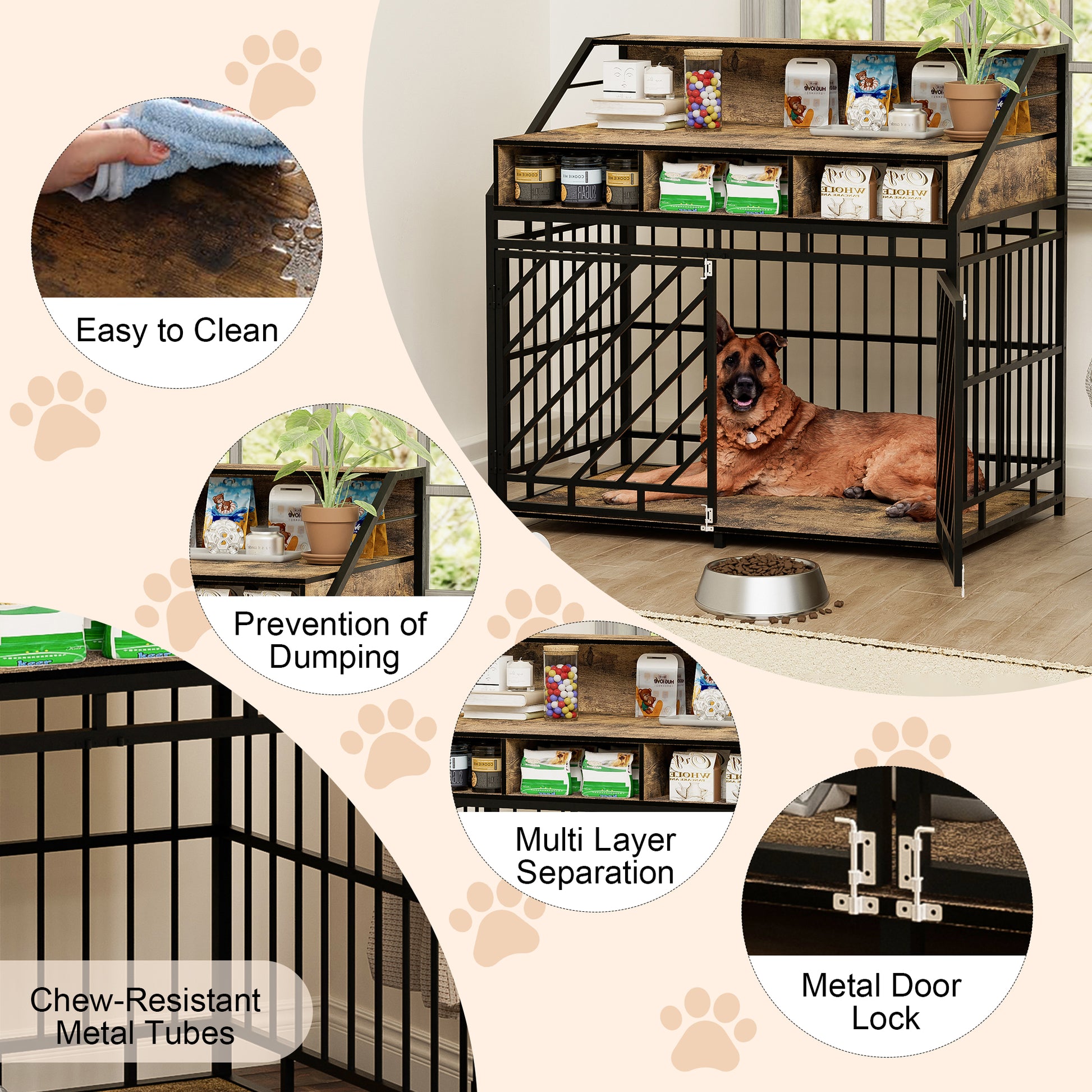 43.3 Inch Dog Crate Furniture For Large Dogs,Wooden Dog Crate With Divider,Double Door Dog Kennel With Three Drawers Storages,Heavy Duty Dogs Decorative Pet House For Large Medium Dogs ,Rustic Brown
