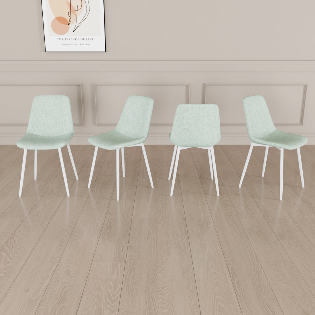 A Set Of 4 Dining Chairs, Modern Kitchen Dining Chairs, Linen Padded Chairs, And Sturdy White Metal Leg Decorated Dining Chairs. Fabric Dining Chair Light Green Green Linen