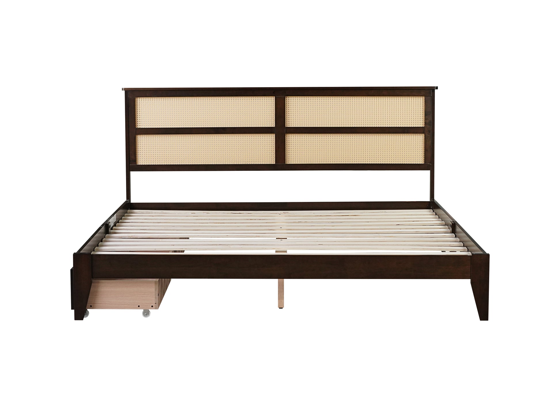 King Size Bed With Rattan Headboard, Two Storage Drawers, Rubber Wood Bed With Enhanced Support Salts And Feet,Espresso King Espresso Rubber Wood