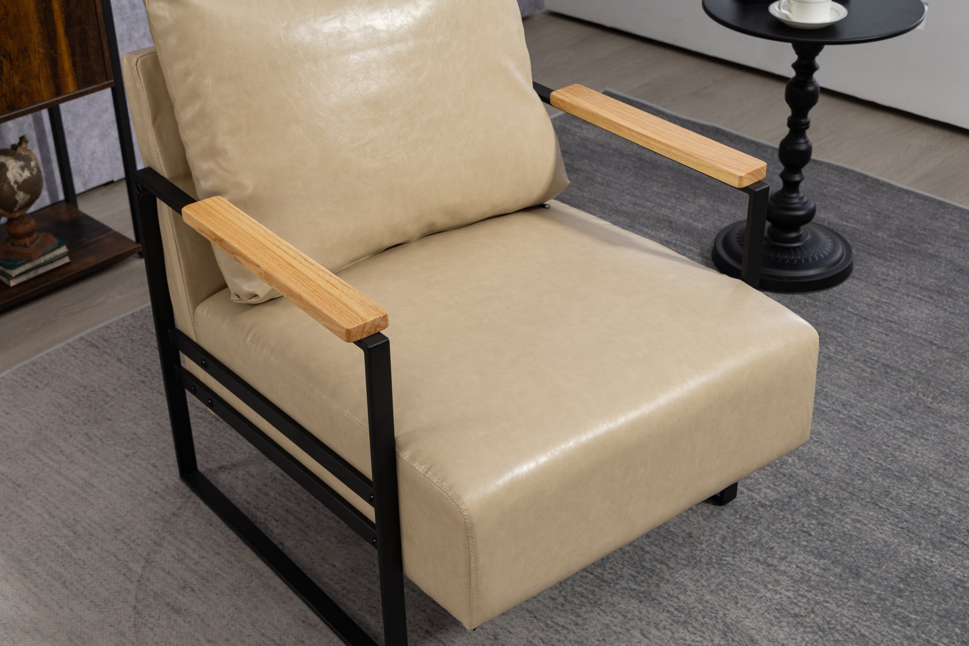 Leather Accent Chair Guest Chair For Living Room, Mid Century Armchair For Bedroom Khaki Pu