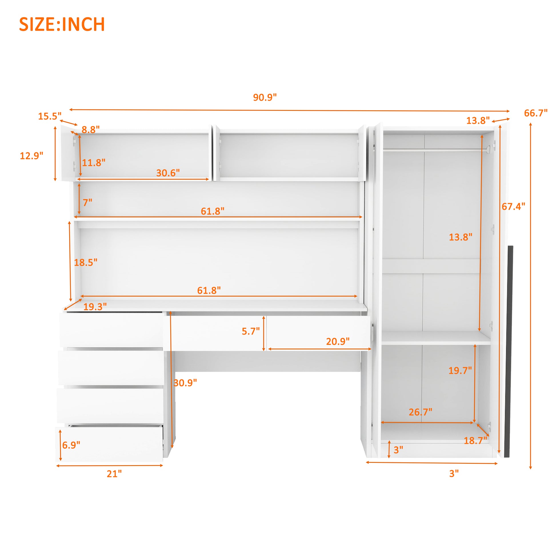 2 Door Wooden Storage Desk Wardrobe For Bedroom With Shelves And Drawers, White White Mdf Lvl