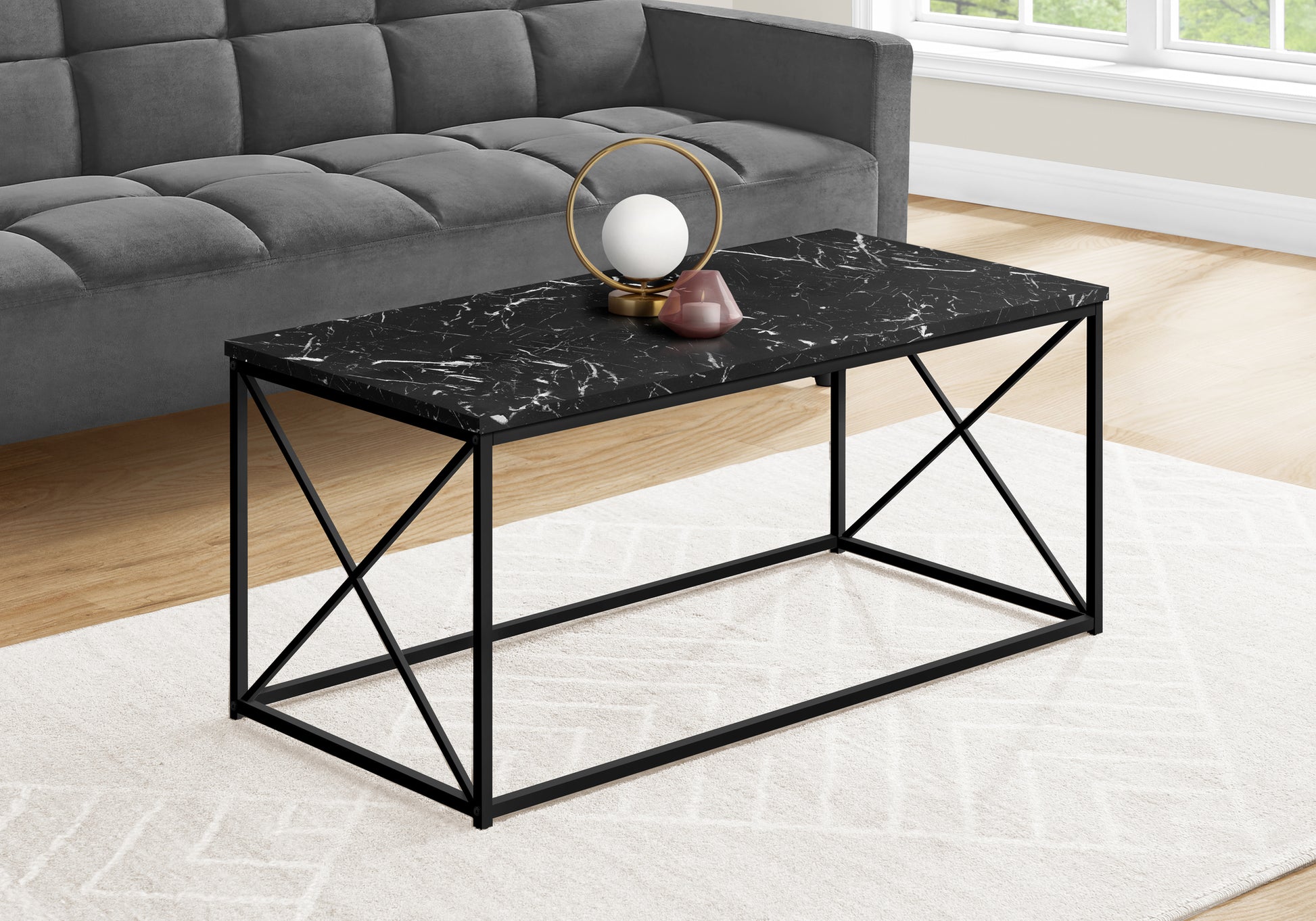 Coffee Table, Accent, Cocktail, Rectangular, Living Room, 40"L, Black Marble Look Laminate, Black Metal, Contemporary, Modern Black Particle Board